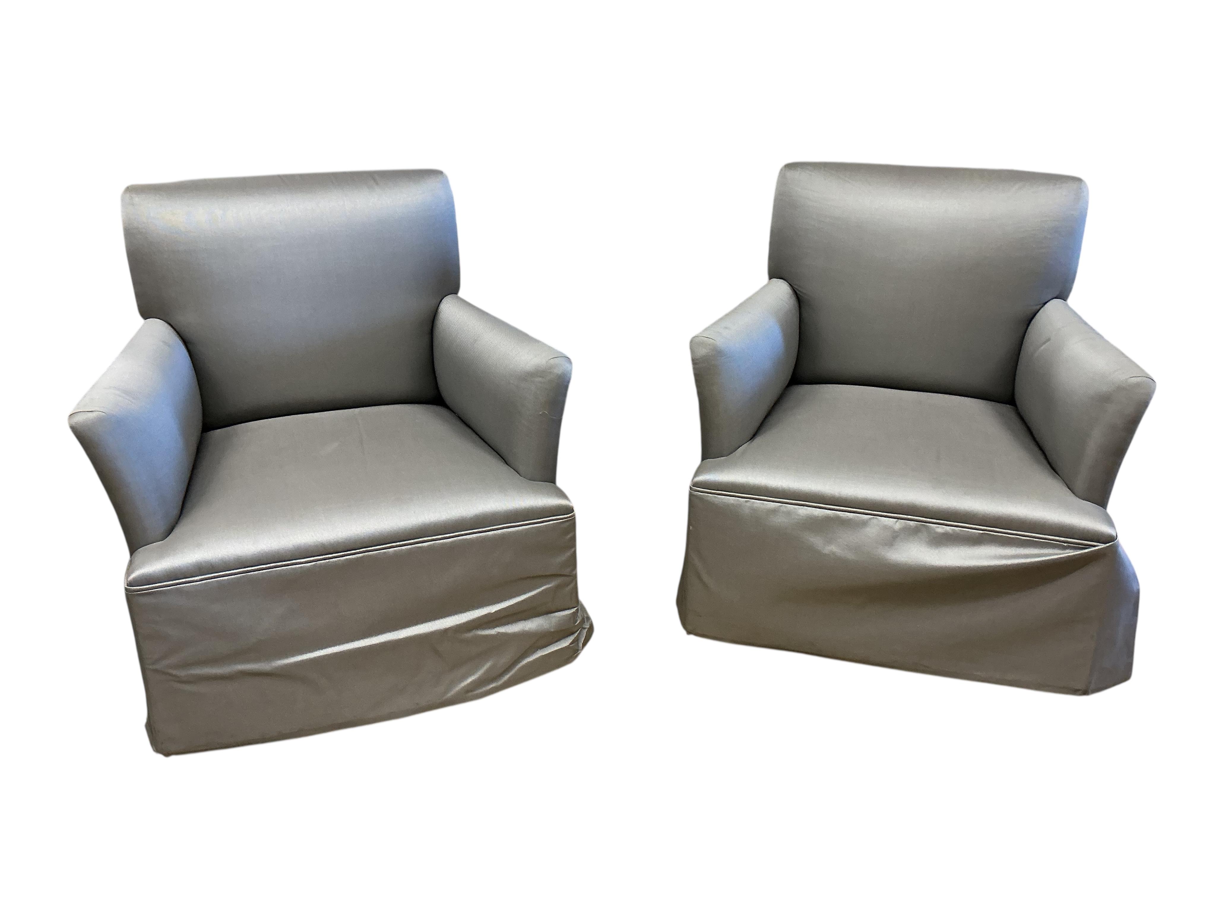 A pair of contemporary Ben Whistler silver fabric armchairs, width 74cm, depth 70cm, height 85cm